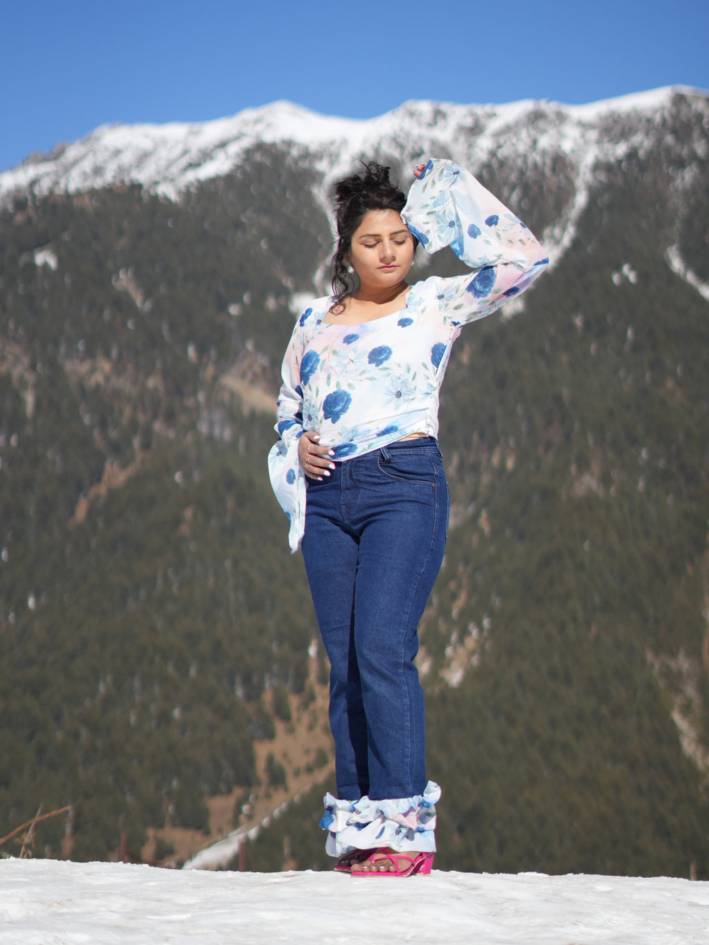 Serene Blooms Blue Floral Georgette Top with Flared Sleeves