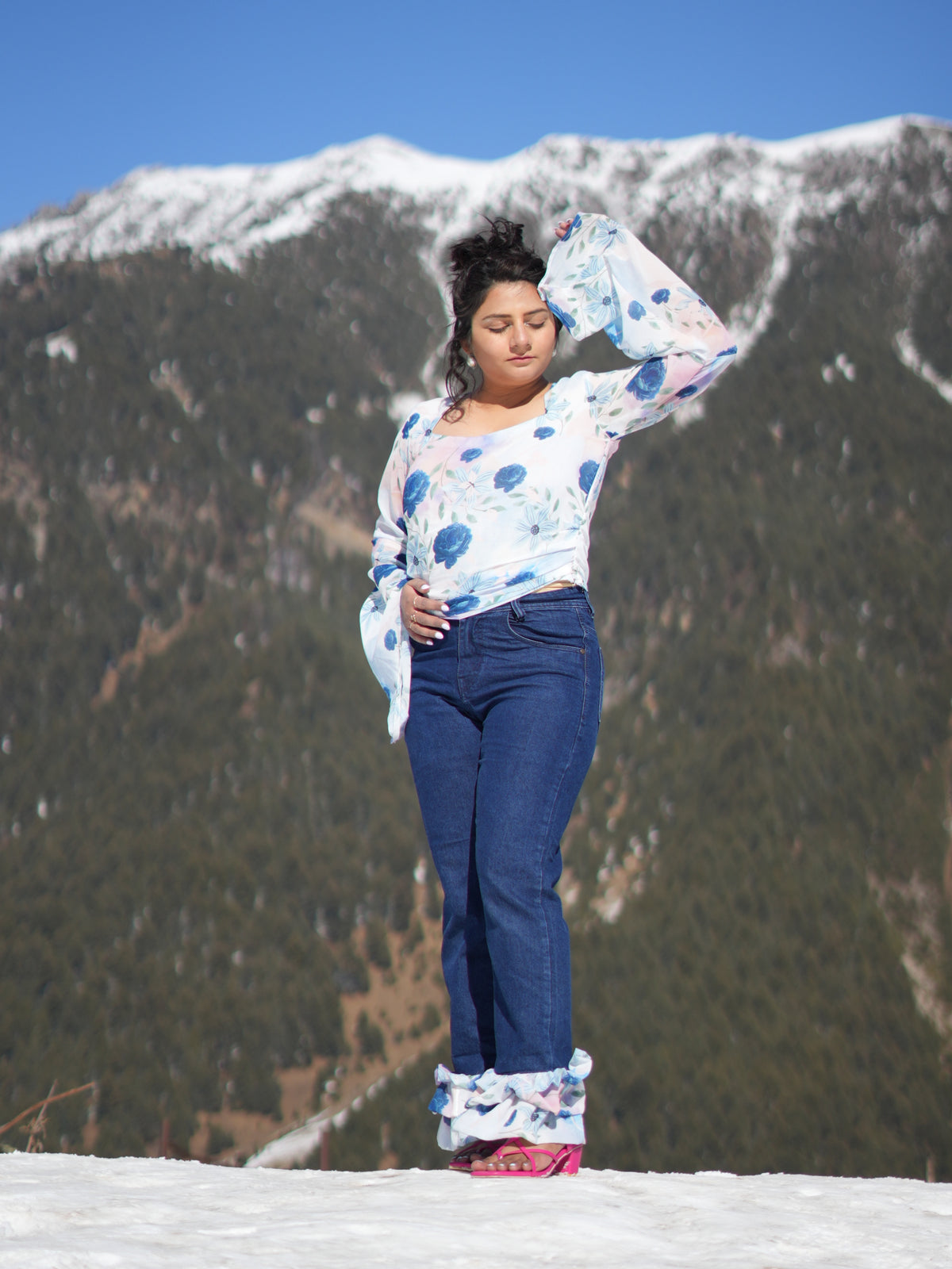 Serene Blooms Blue Floral Georgette Top with Flared Sleeves