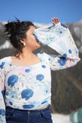 Serene Blooms Blue Floral Georgette Top with Flared Sleeves