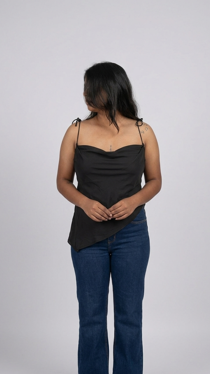 Cowl-Neck Asymmetrical Top – Black