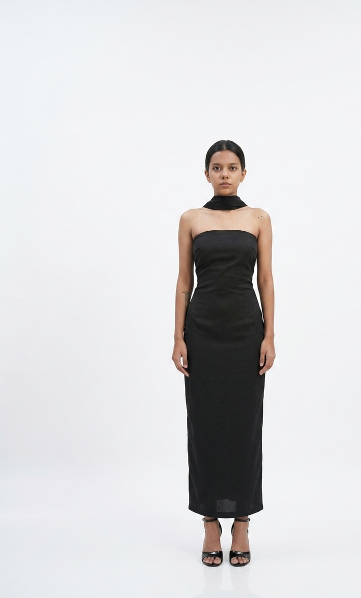 Noir Column Midi Dress with Scarf Neckline