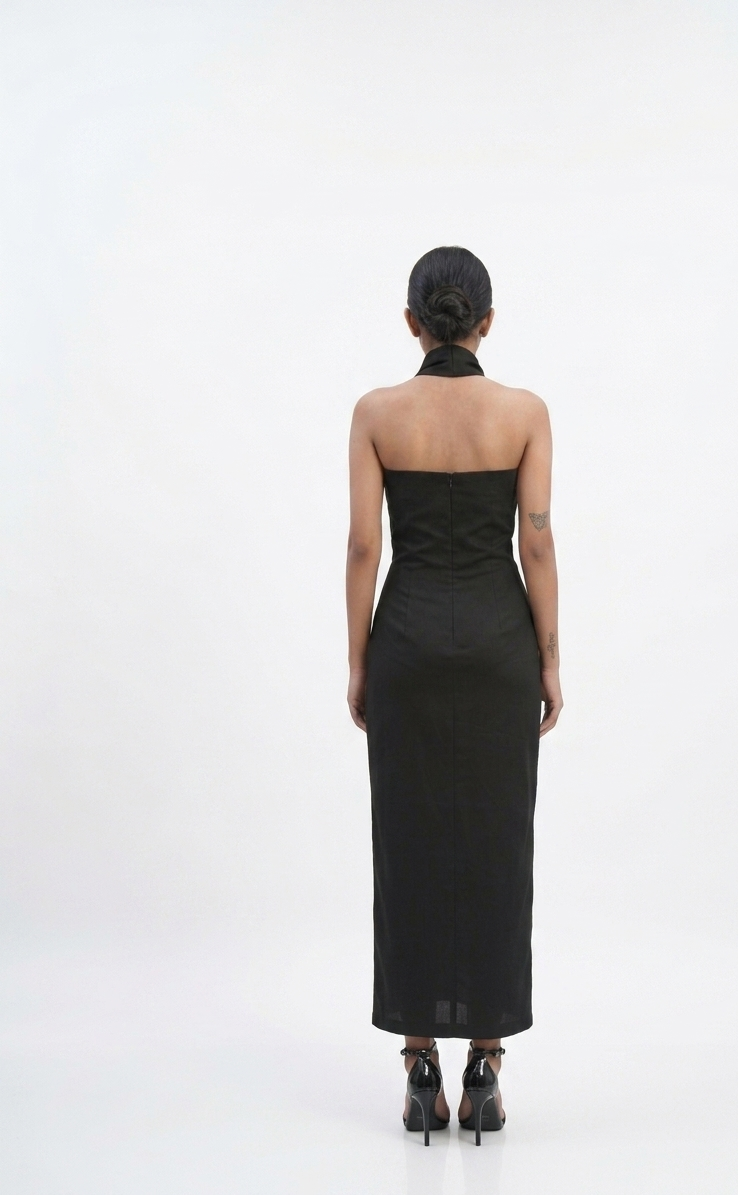 Noir Column Midi Dress with Scarf Neckline