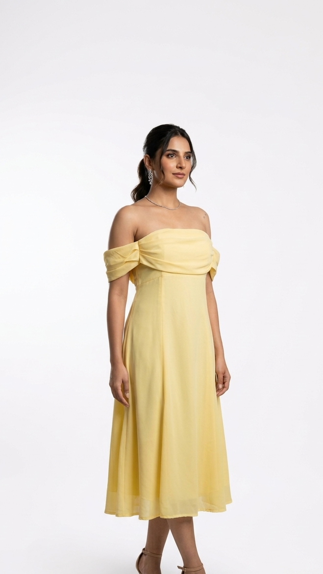 Off shoulder pastel yellow midi dress