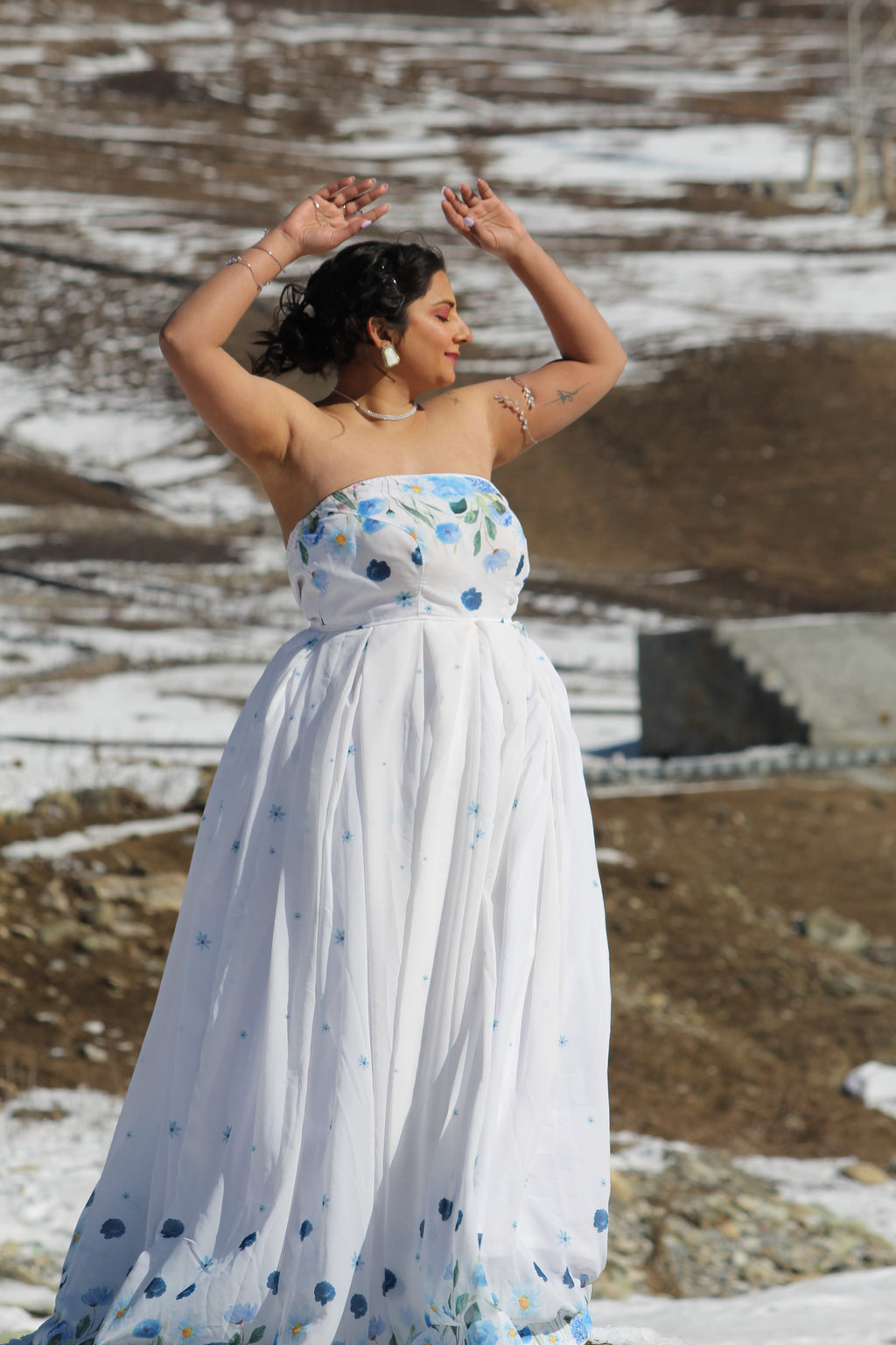 Snow Blossom Georgette Strapless Gown – White & Blue Floral Maxi Dress