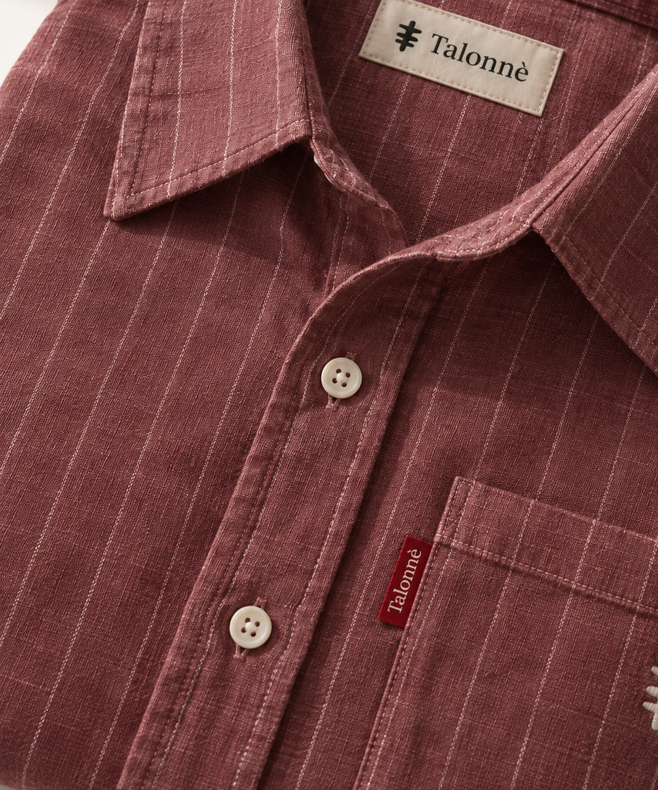 Wine cotton men shirt with white stripes