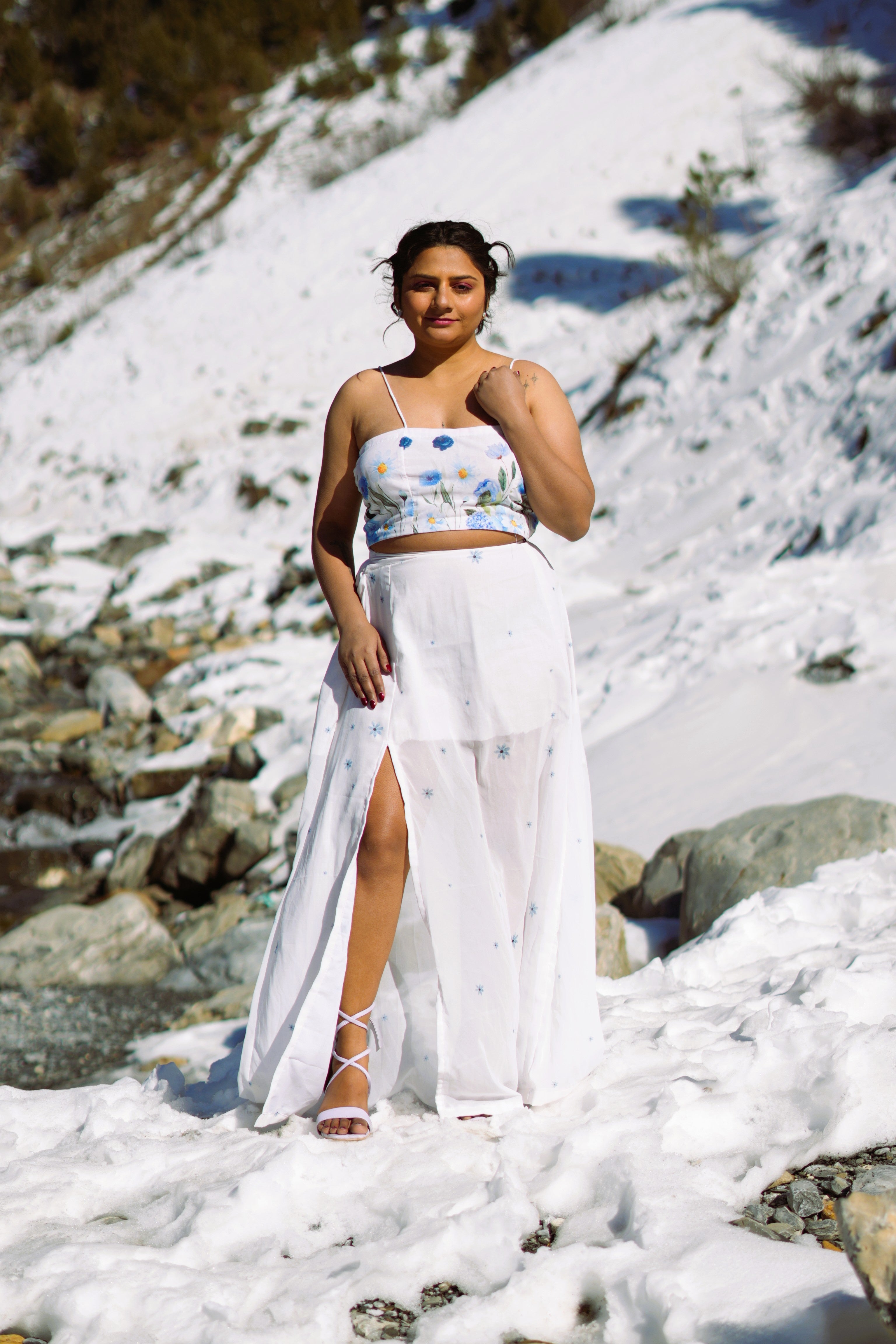 Snow Bloom Co-Ord Set – Floral Crop Top & Flowing Maxi Slit Skirt