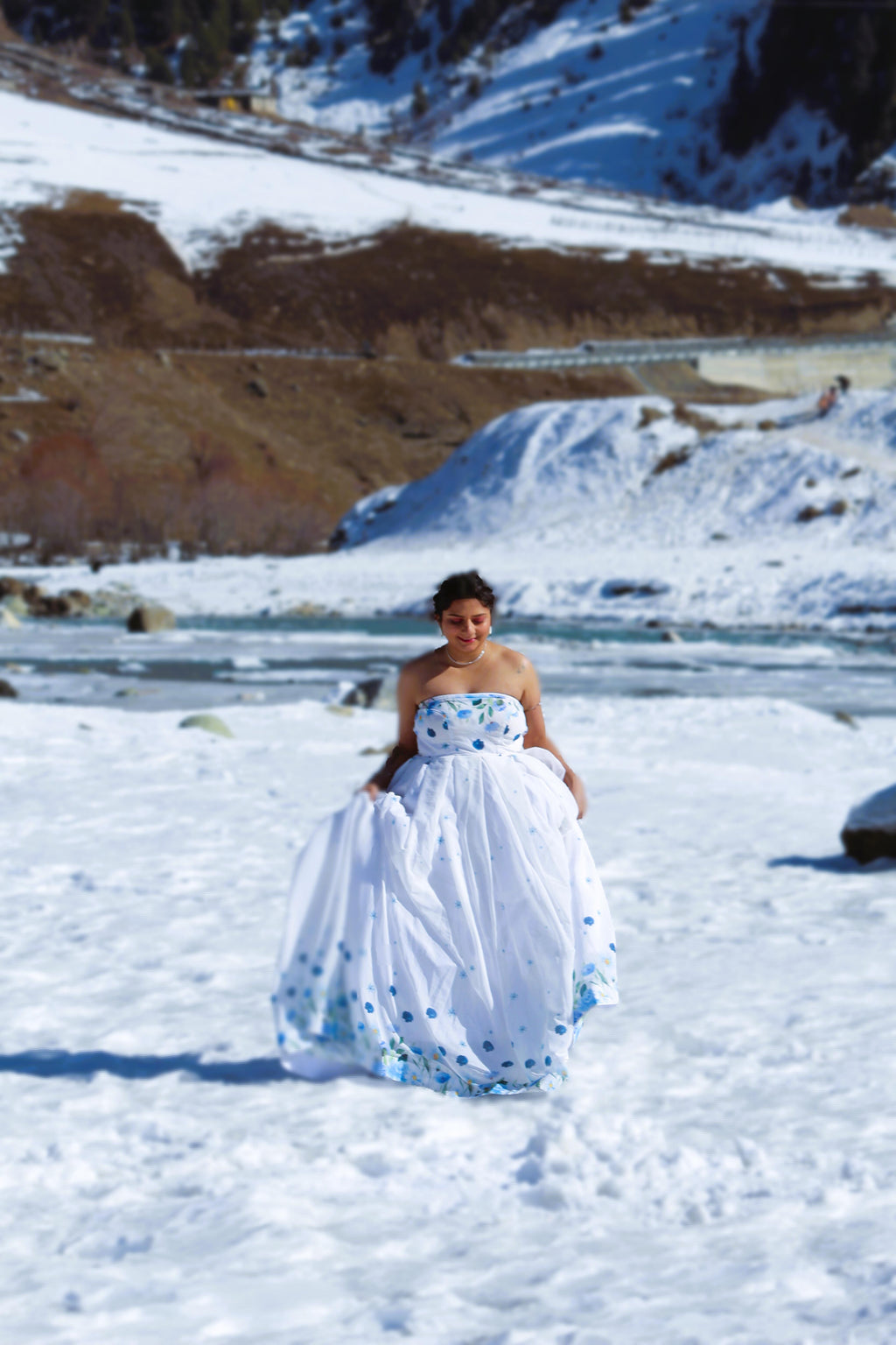 Snow Blossom Georgette Strapless Gown – White & Blue Floral Maxi Dress