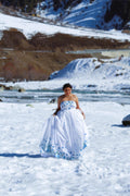 Snow Blossom Georgette Strapless Gown – White & Blue Floral Maxi Dress