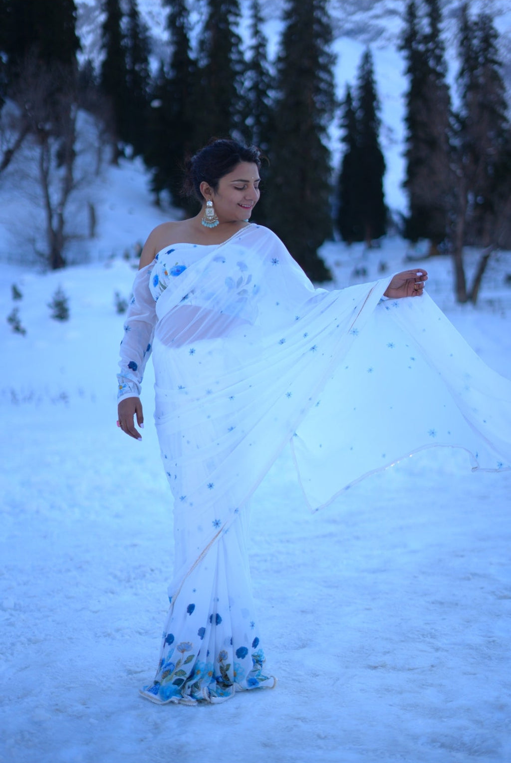 Snow Bloom Embroidered Georgette Saree