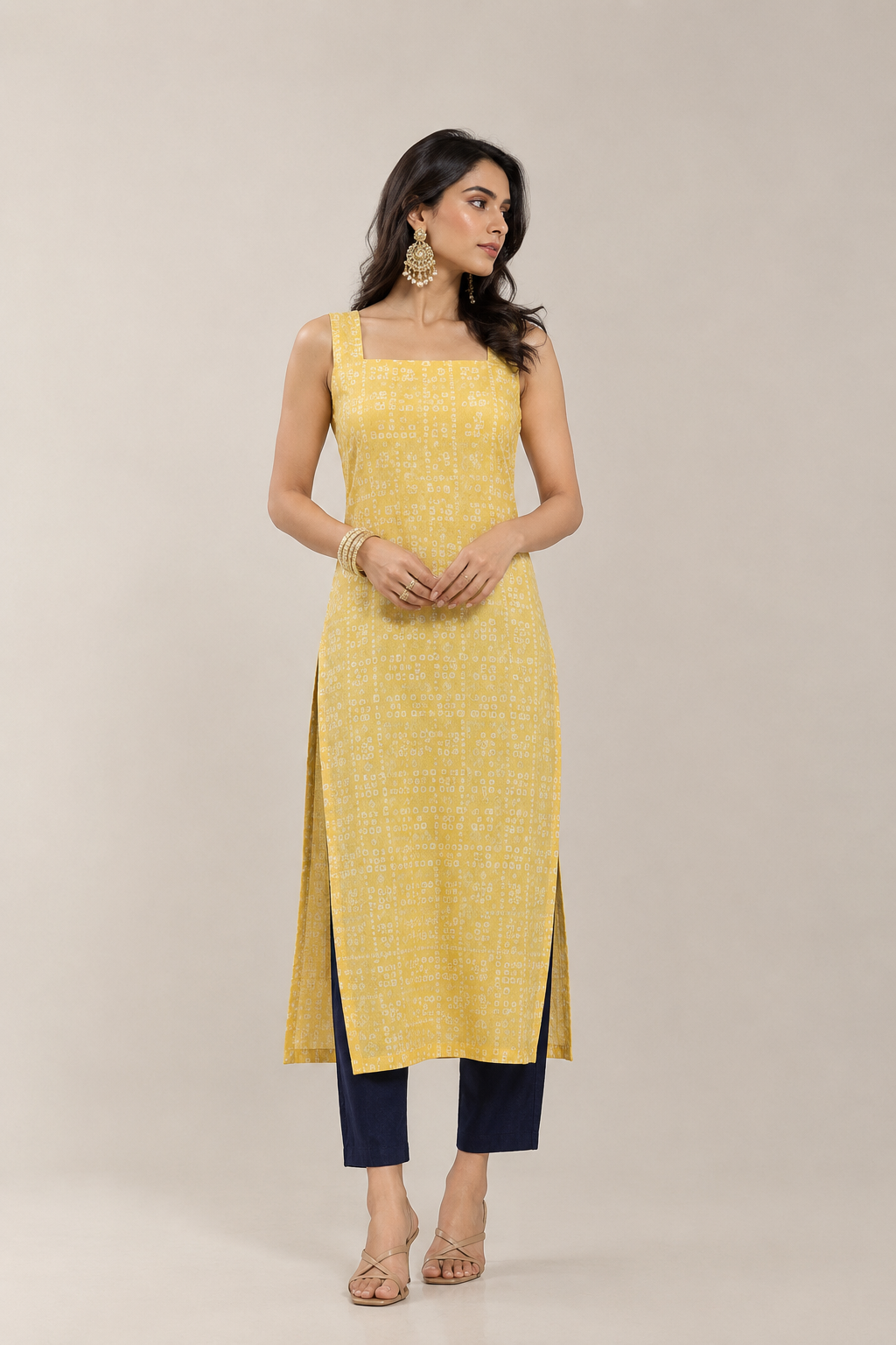 Yellow bandhani print strappy kurti