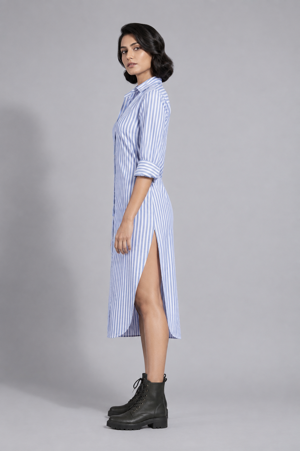 Blue striped cotton shirt dress