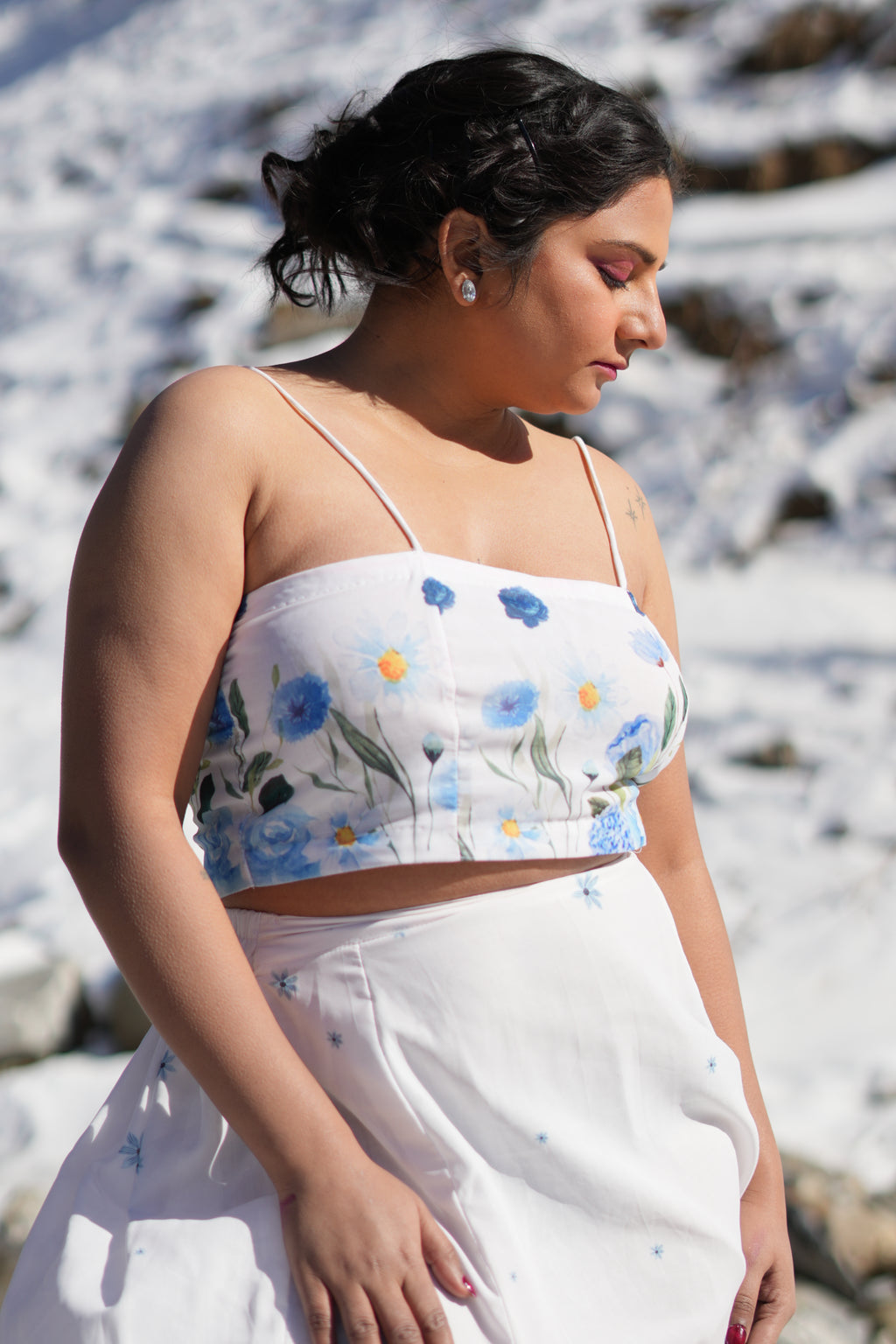 Snow Bloom Co-Ord Set – Floral Crop Top & Flowing Maxi Slit Skirt