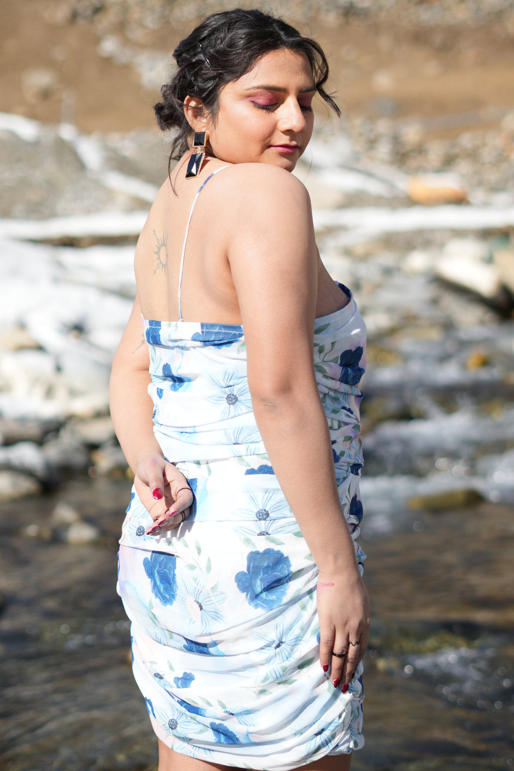 Floral Mesh Mini Dress – Blue Floral Bodycon Dress