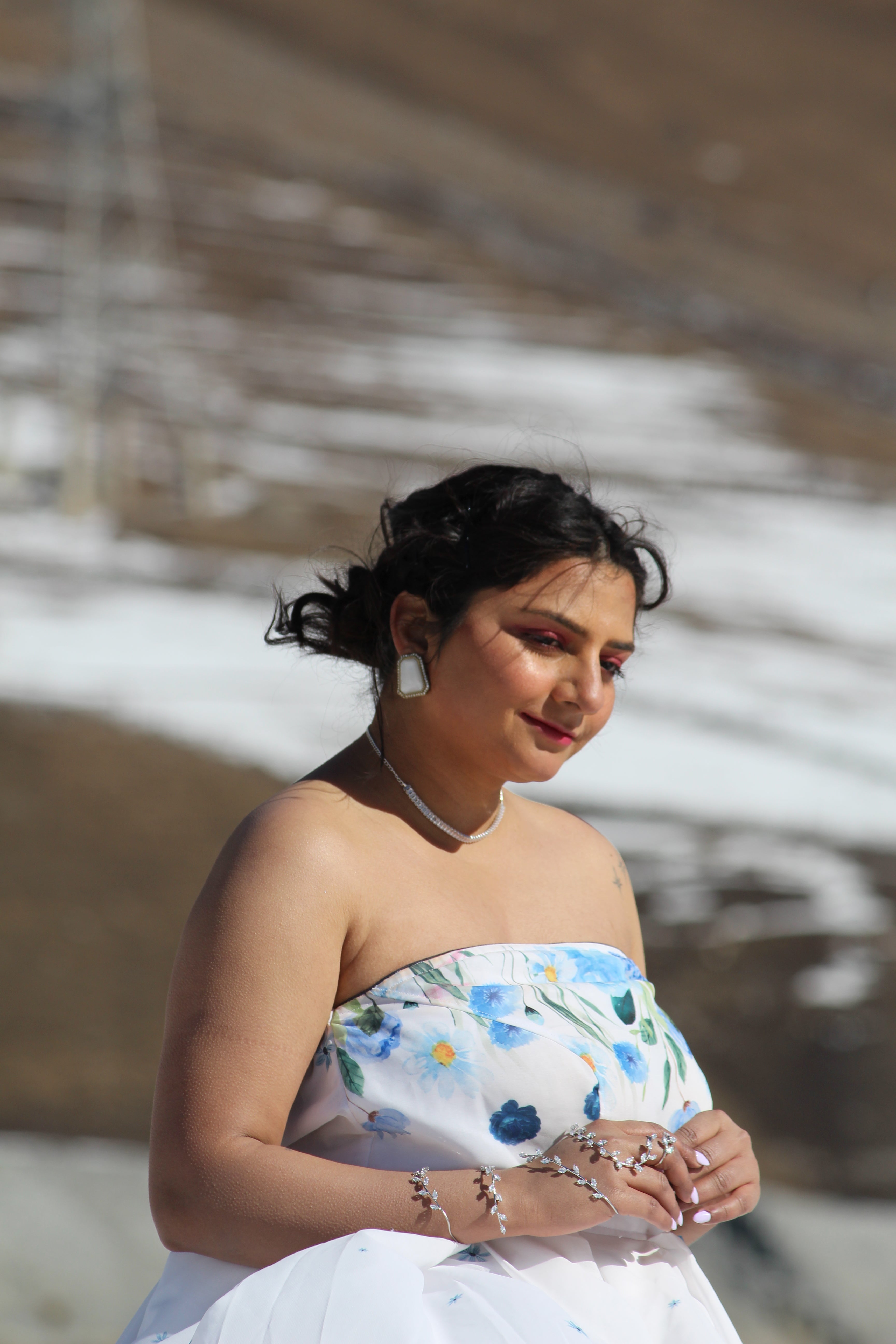 Snow Blossom Georgette Strapless Gown – White & Blue Floral Maxi Dress