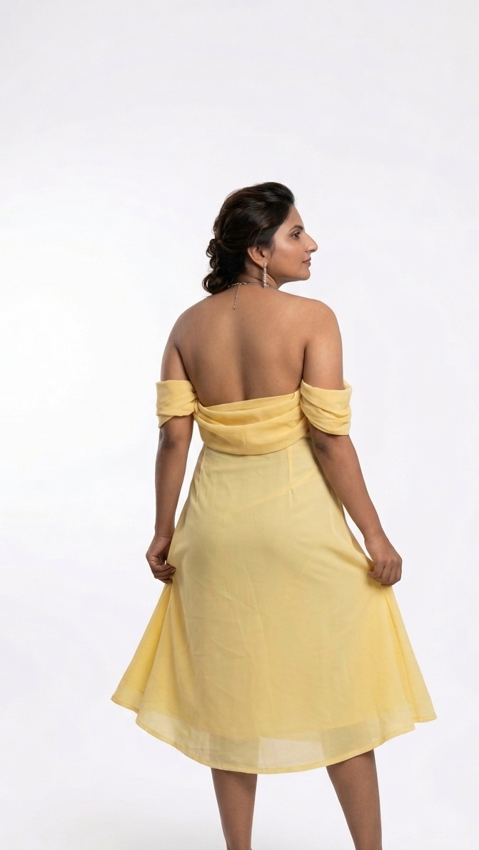 Off shoulder pastel yellow midi dress
