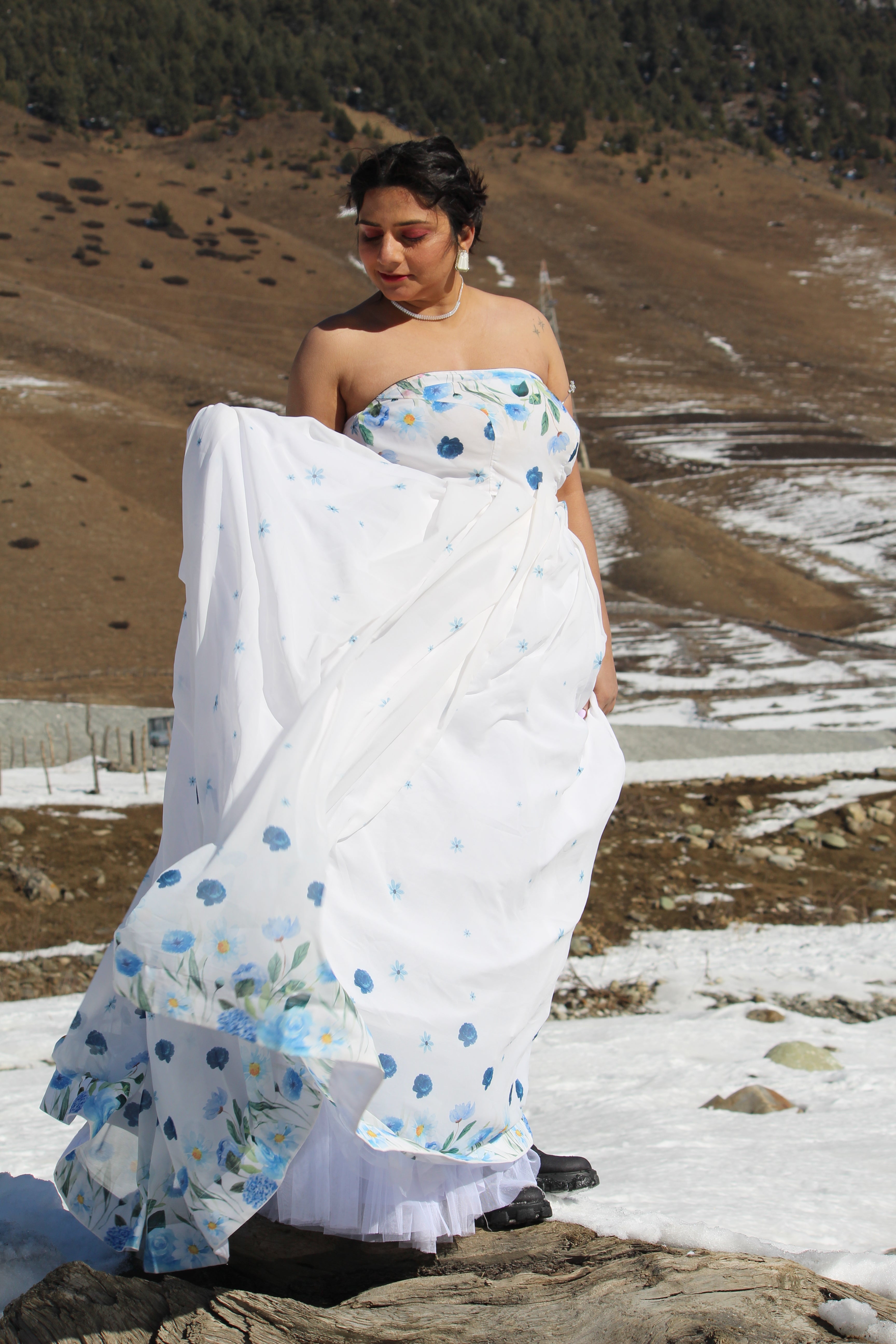 Snow Blossom Georgette Strapless Gown – White & Blue Floral Maxi Dress