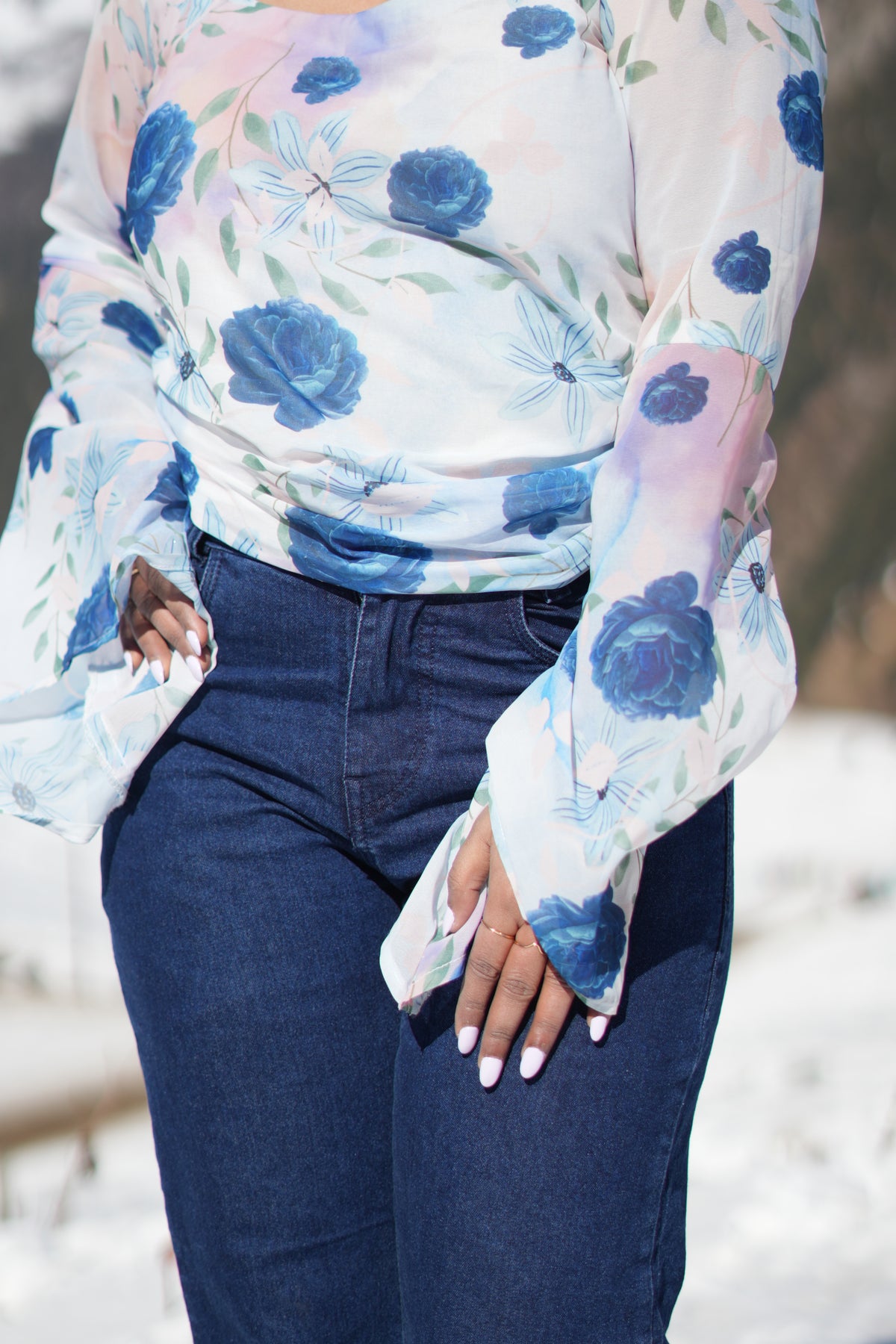 Serene Blooms Blue Floral Georgette Top with Flared Sleeves
