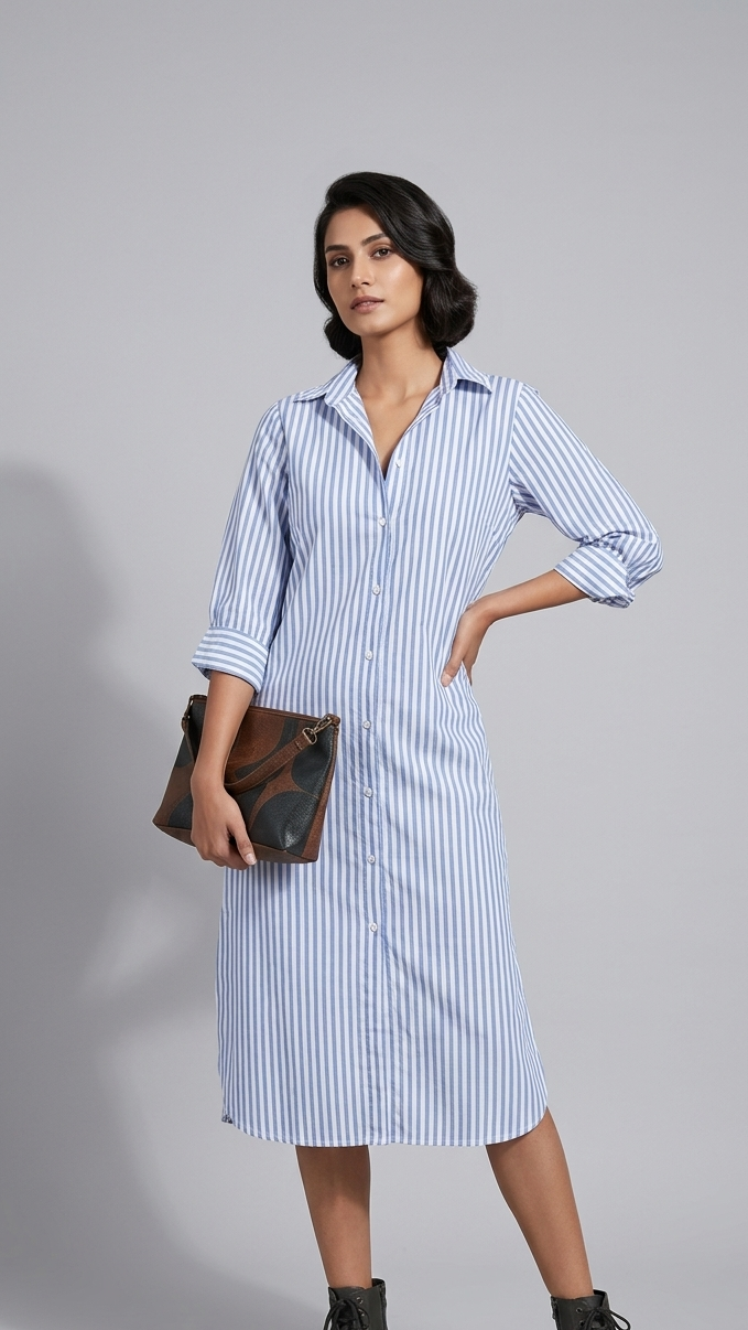 Blue striped cotton shirt dress