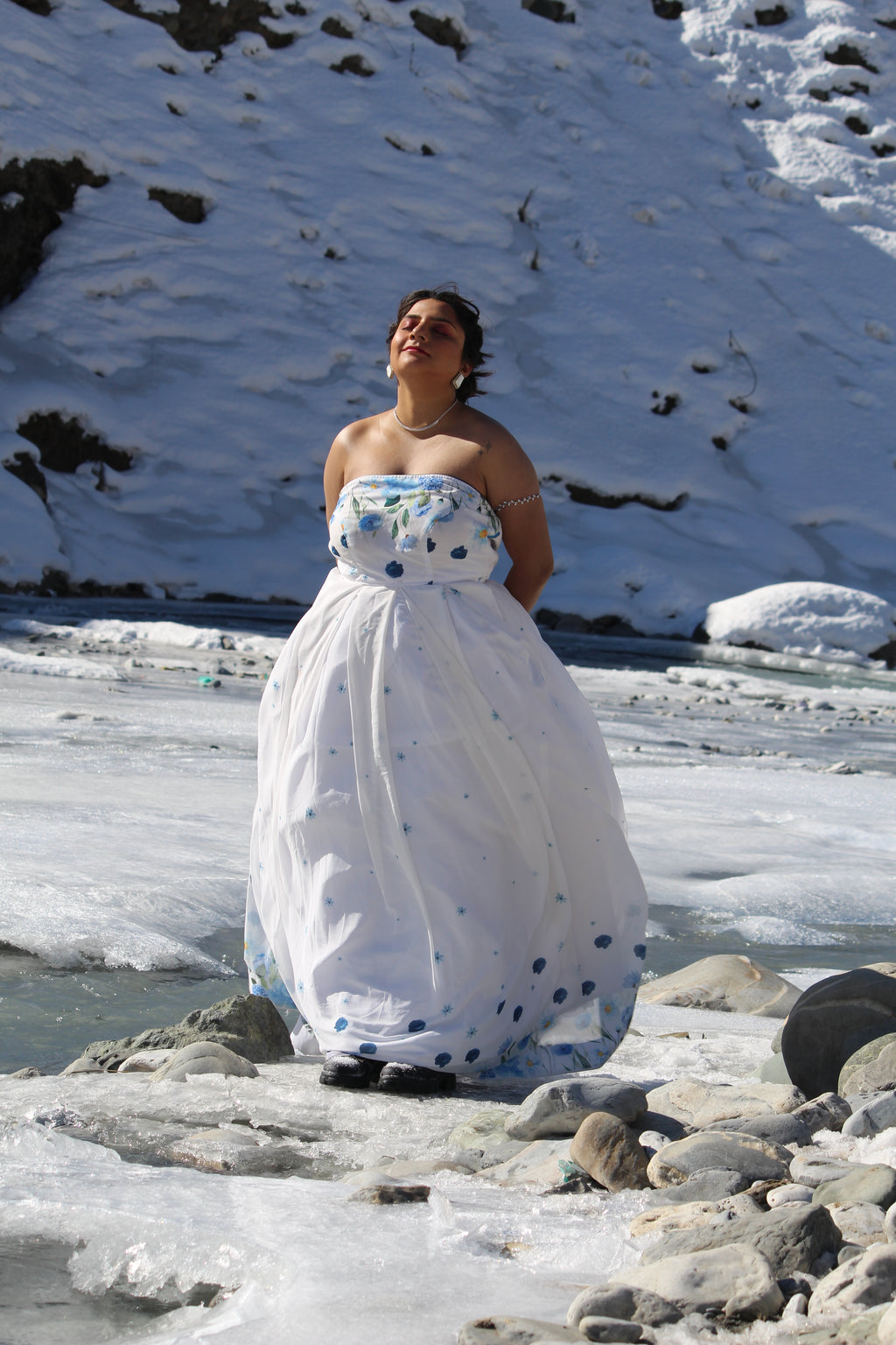 Snow Blossom Georgette Strapless Gown – White & Blue Floral Maxi Dress